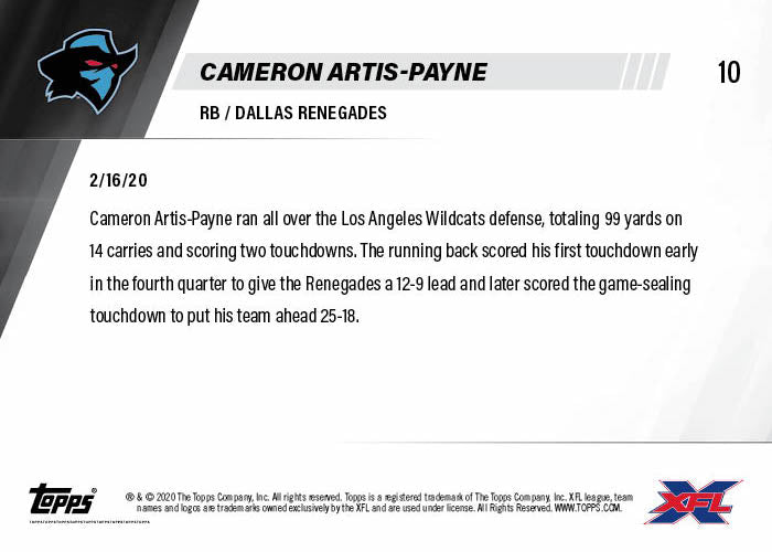 Cameron Artis-Payne - XFL TOPPS NOW Card 10 - Print Run: 186 - Image 2