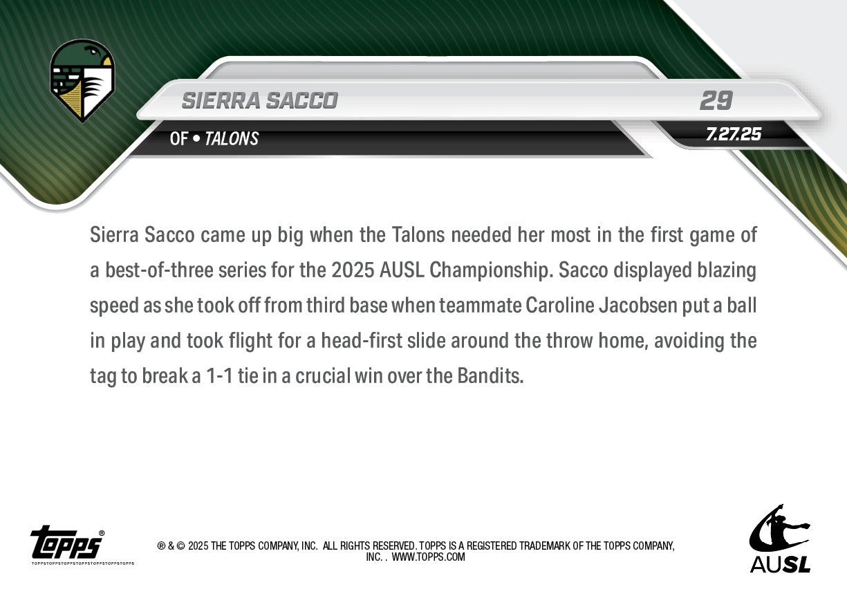 Sierra Sacco - 2025 AUSL Topps NOW - Card 29 - LOOK FOR AUTOS - PR: 1013 - Image 3