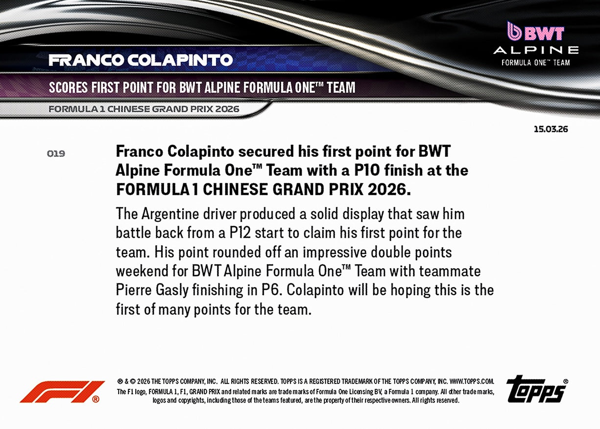 Franco Colapinto - 2026 Formula 1 Topps NOW - Card 19 - PR: 1086 - Image 7