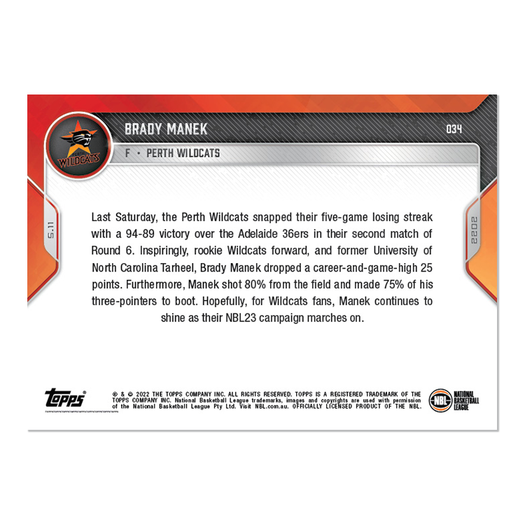 Alternative view of Brady Manek - 2022-23 NBL TOPPS NOW Card 34 - PR: 104