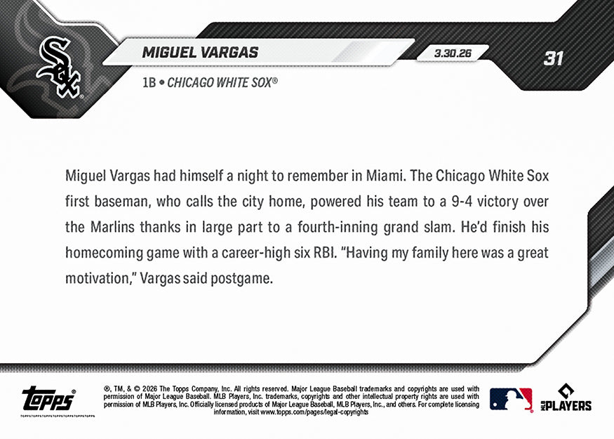 Miguel Vargas - 2026 MLB Topps NOW - Card 31 - PR: 365 - Image 2