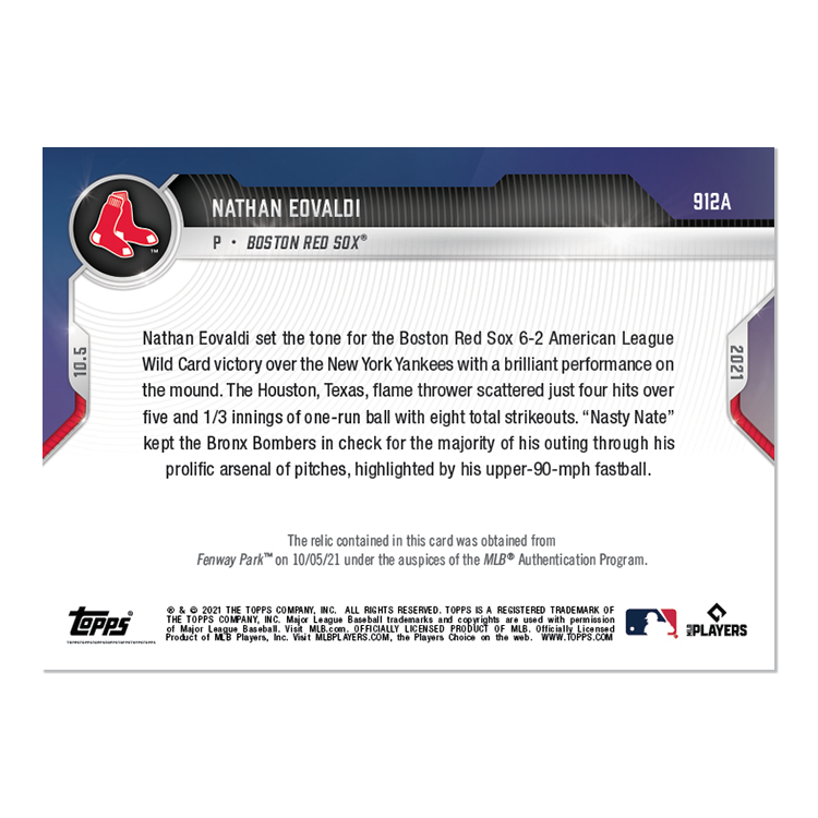 Game-used Ball Relic # to 10 - Nathan Eovaldi - 2021 MLB TOPPS NOW Card 912A - Image 2
