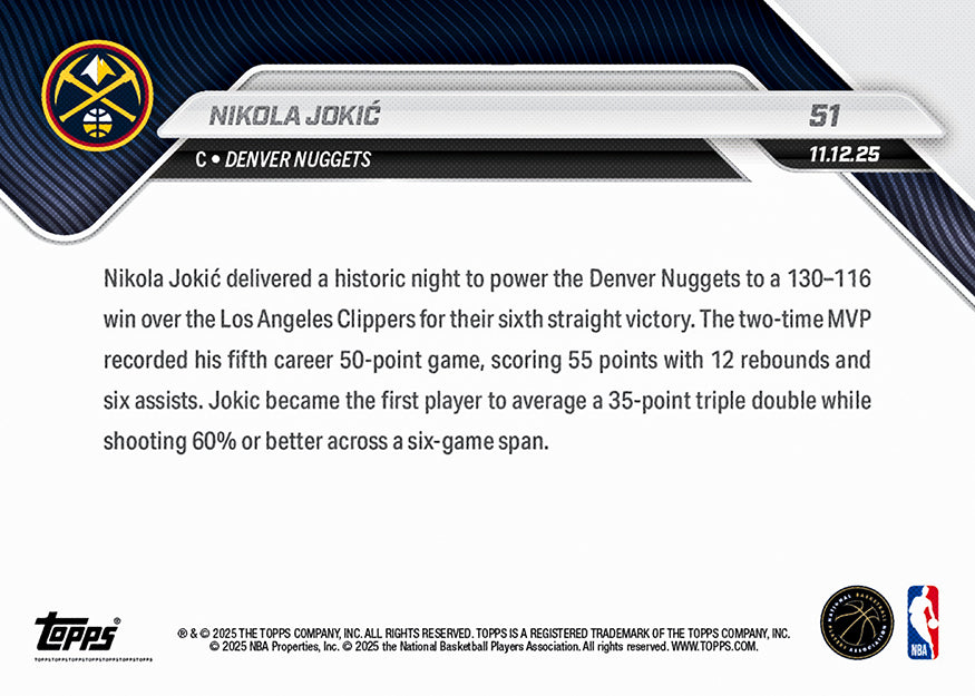 Nikola Jokić - 2025-26 NBA Topps NOW - Card 51 - PR: 697 - Image 2