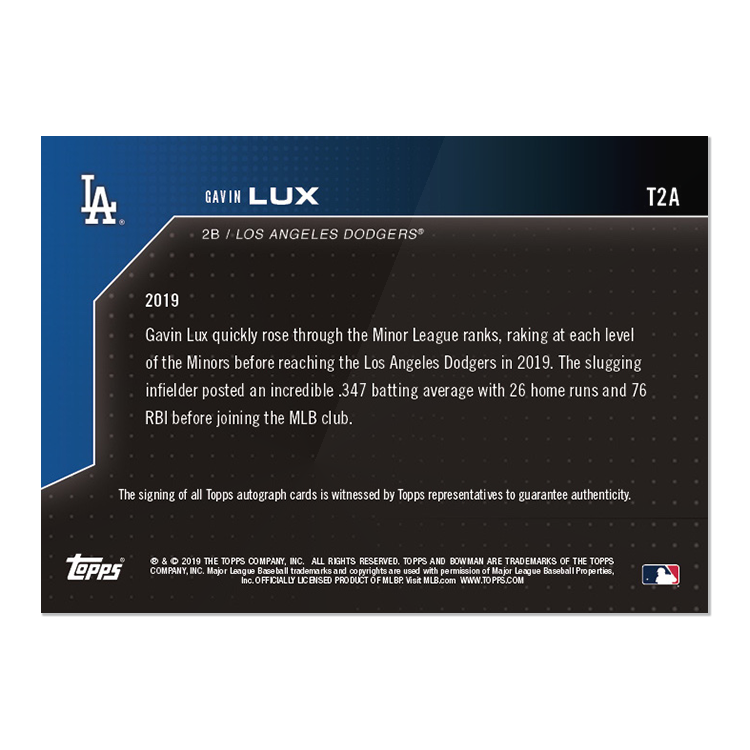 On-Card Auto # to 99 - Gavin Lux - Bowman NEXT TOPPS NOW Card T2A - Image 2