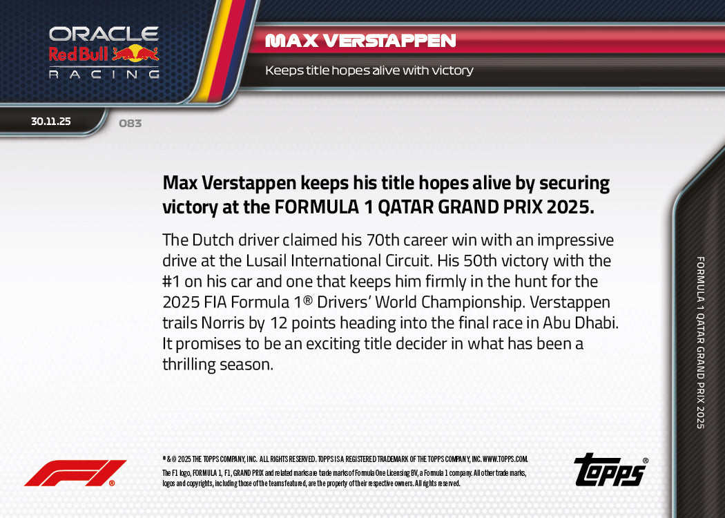 Max Verstappen - 2025 Formula 1 Topps NOW - Card 83 - PR: 5568 - Image 7