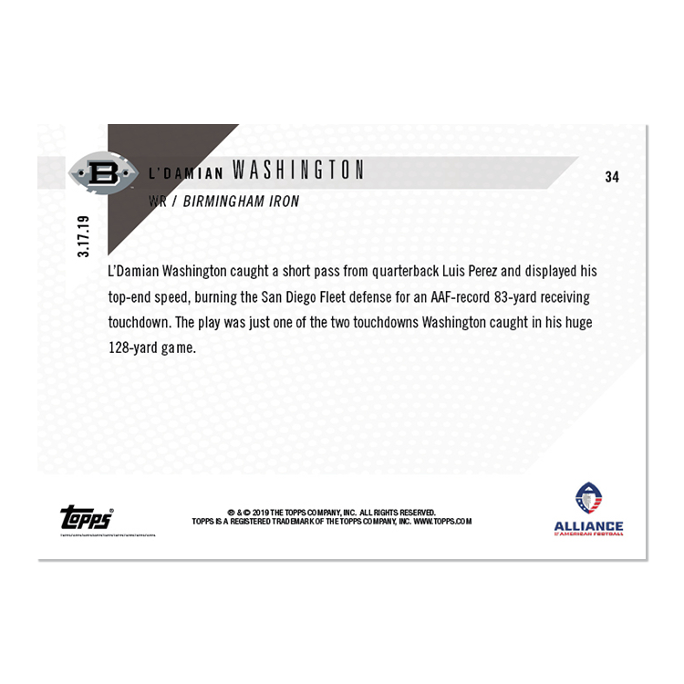 Alternative view of L'Damian Washington - AAF TOPPS NOW Card 34 - Print Run: 274