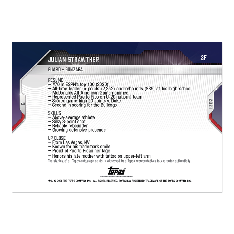 On-Card Auto # to 1 - Julian Strawther - 2021 Bowman NEXT TOPPS NOW Basketball Card 8F - Image 2