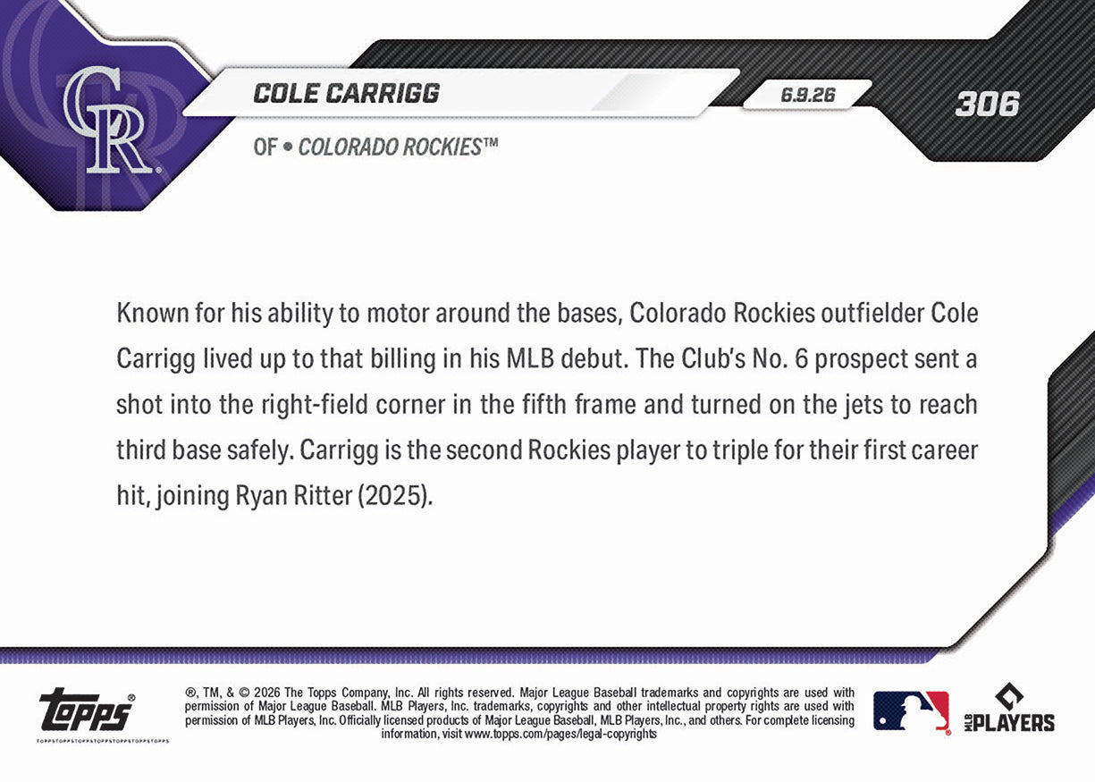 Cole Carrigg - 2026 MLB Topps NOW - Card 306 - PR: 737 - Image 2