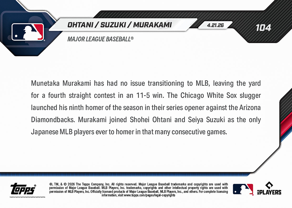 Shohei Ohtani / Seiya Suzuki / Munetaka Murakami - 2026 MLB Topps NOW - Card 104 - PR: 9767 - Image 2
