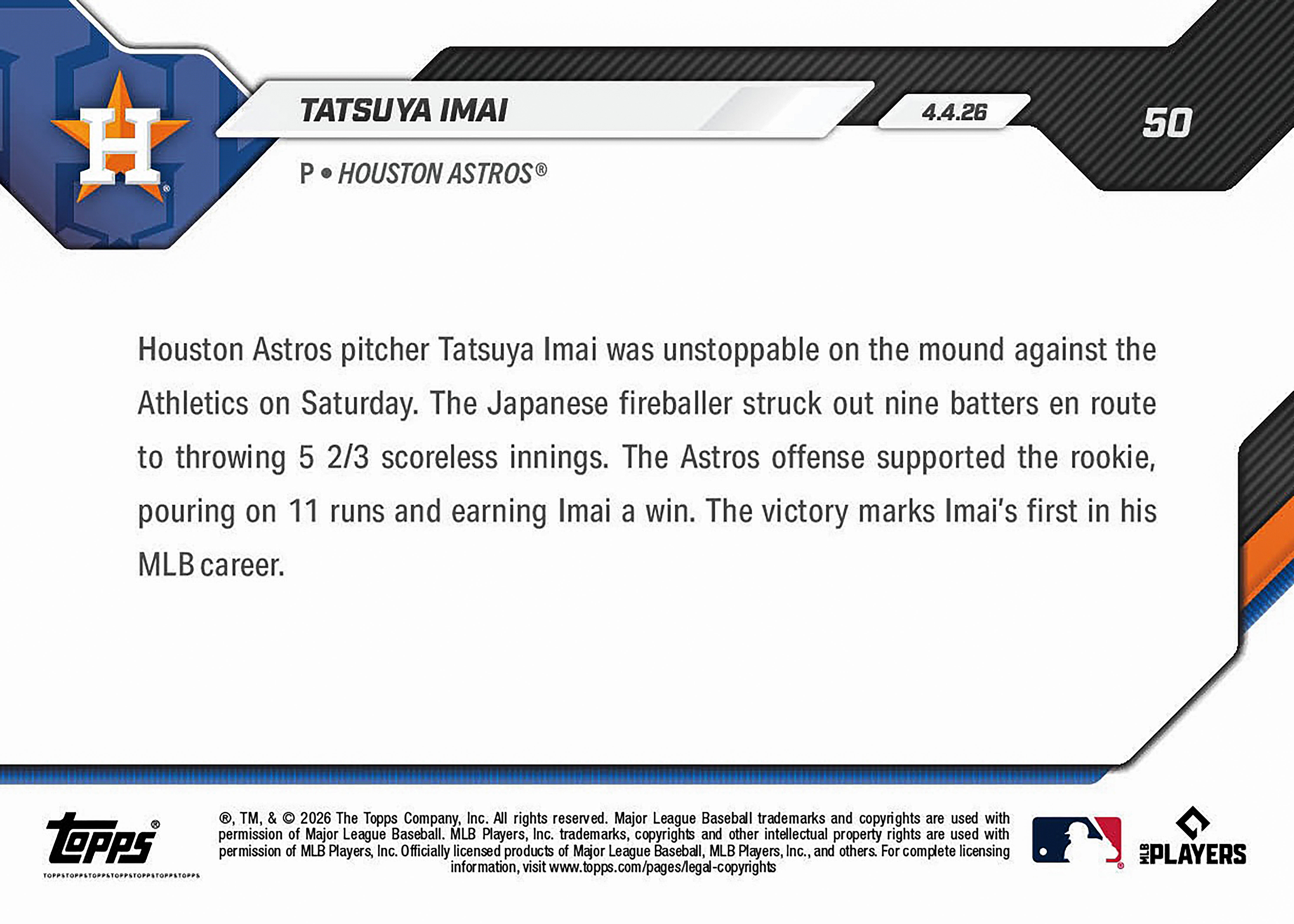 Tatsuya Imai - 2026 MLB Topps NOW - Card 50 - PR: 3125 - Image 2