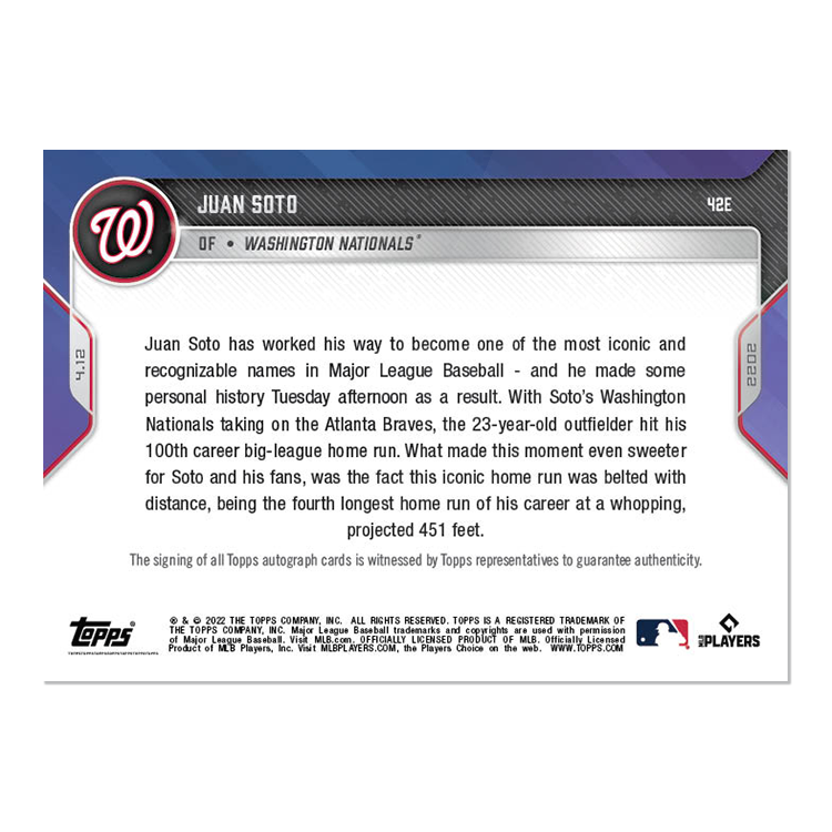 On-Card Auto # to 5 - Juan Soto - 2022 MLB TOPPS NOW Card 42E - Image 2