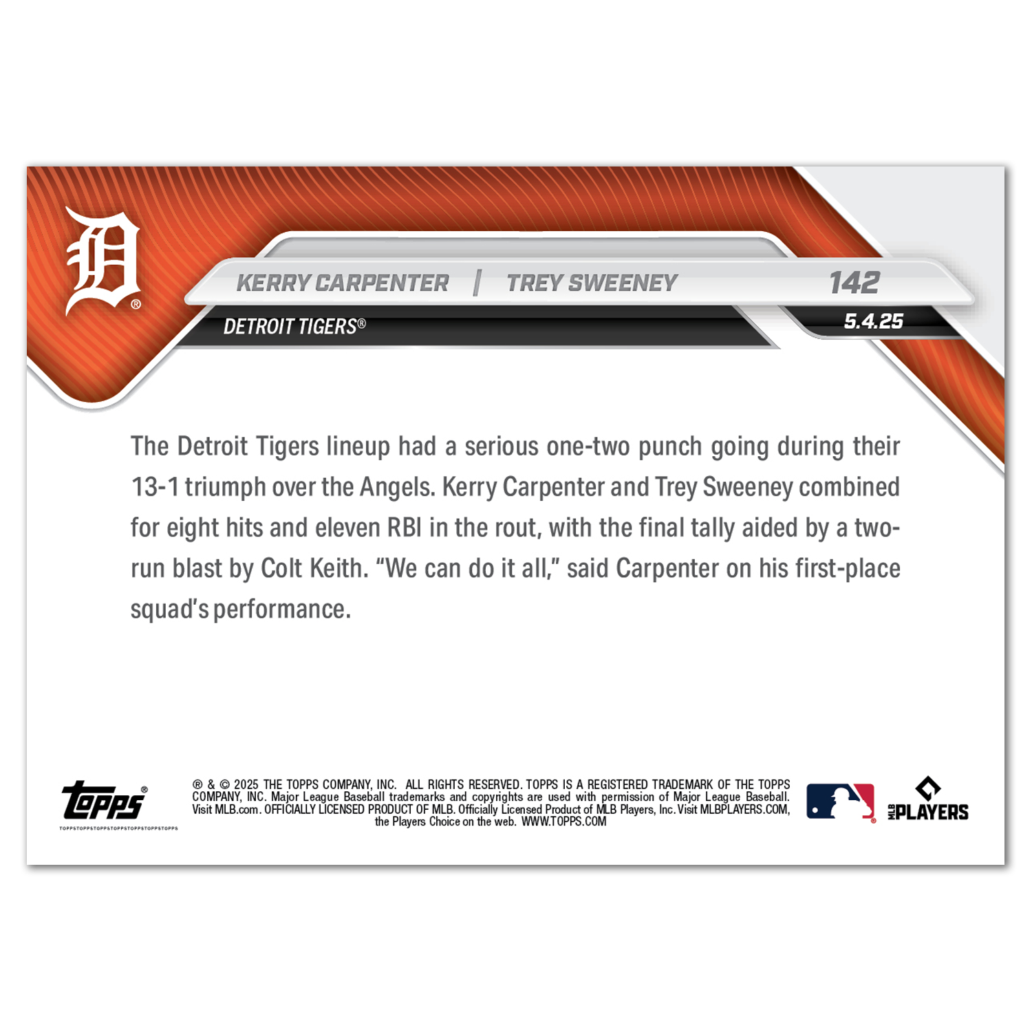 Kerry Carpenter/Trey Sweeney - 2025 MLB Topps NOW - Card 142 - PR: 650 - Image 2