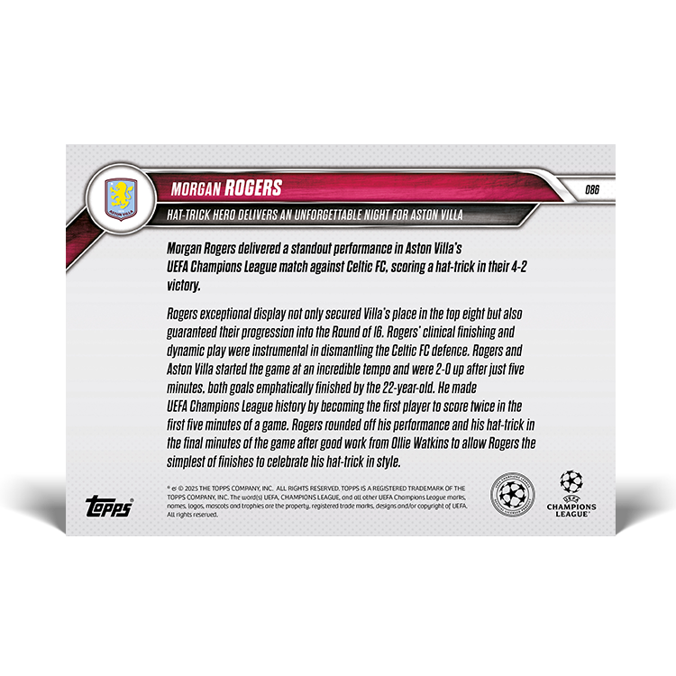 Morgan Rogers - Hat-trick hero delivers an unforgettable night for Aston Villa - 24/25 UCL Topps NOW Card 86 - PR: 223 - Image 2