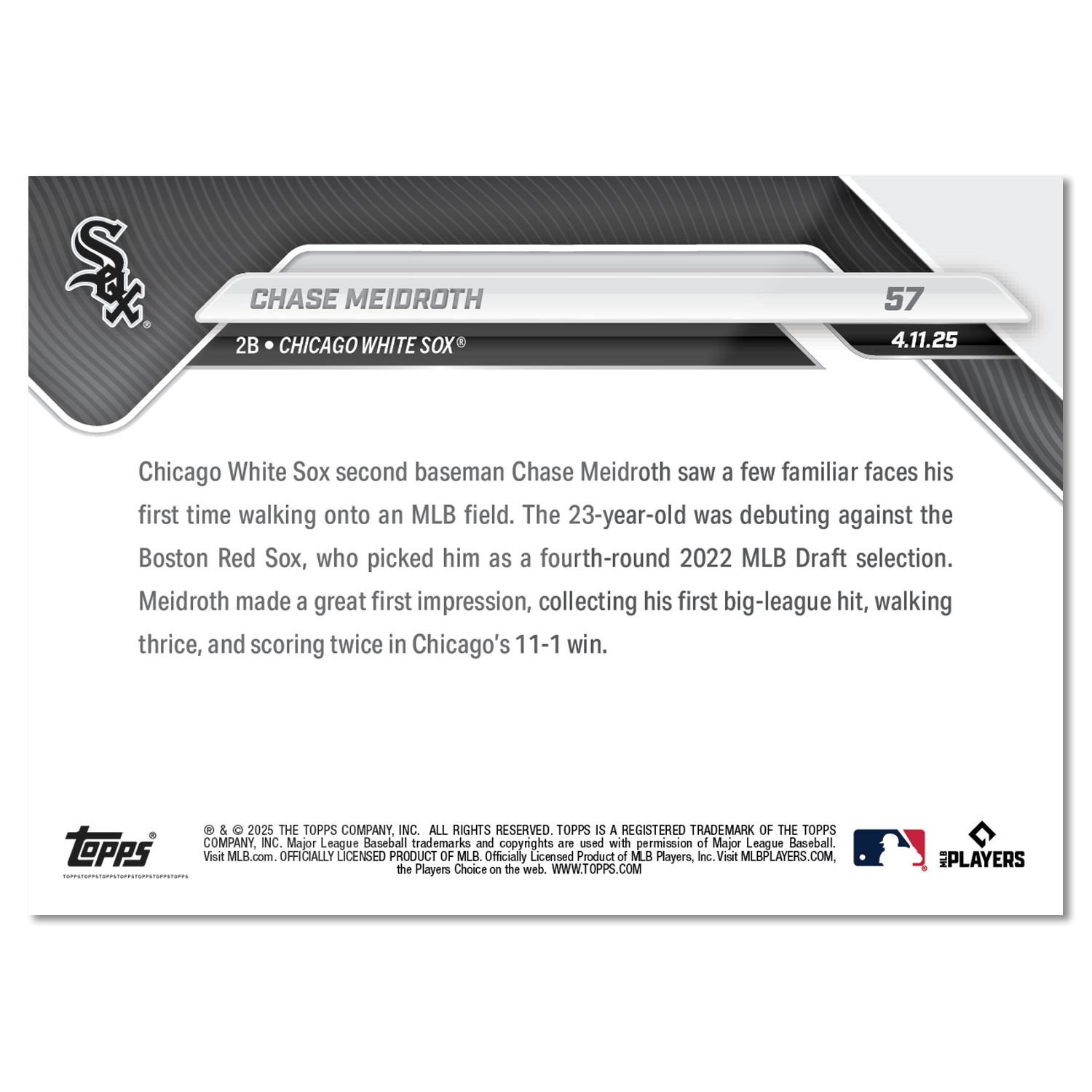 Chase Meidroth - 2025 MLB Topps NOW - Card 57 - PR: 890 - Image 2