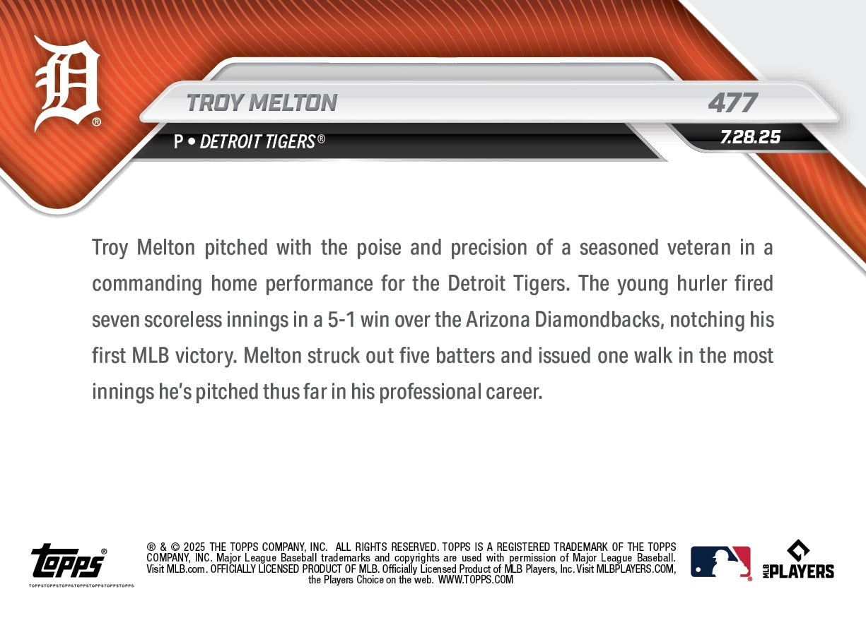 Alternative view of Troy Melton - 2025 MLB Topps NOW - Card 477 - PR: 1139