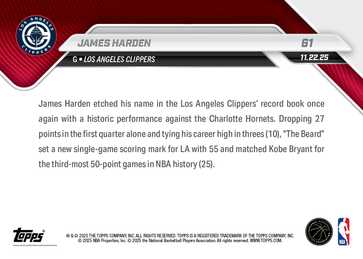 James Harden - 2025-26 NBA Topps NOW - Card 61 - PR: 628 - Image 2