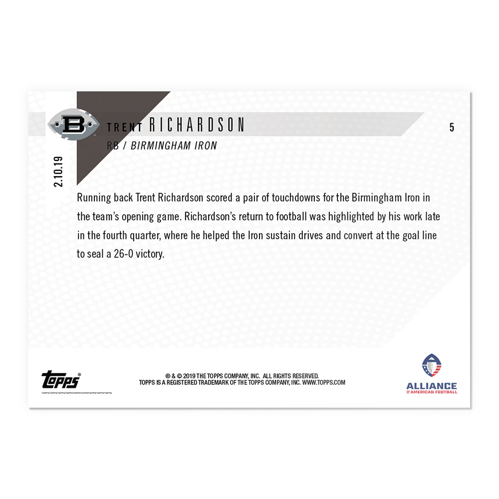Alternative view of Trent Richardson - AAF TOPPS NOW Card 5 - Print Run: 338