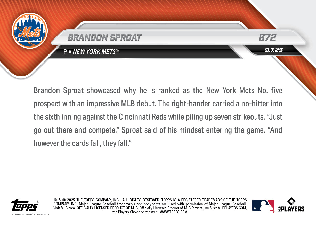 Brandon Sproat - 2025 MLB Topps NOW - Card 672 - PR: 2355 - Image 2