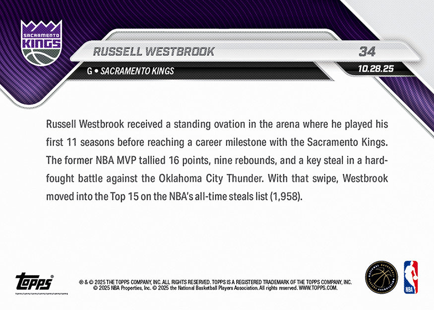 Russell Westbrook - 2025-26 NBA Topps NOW - Card 34 - PR: 481 - Image 2