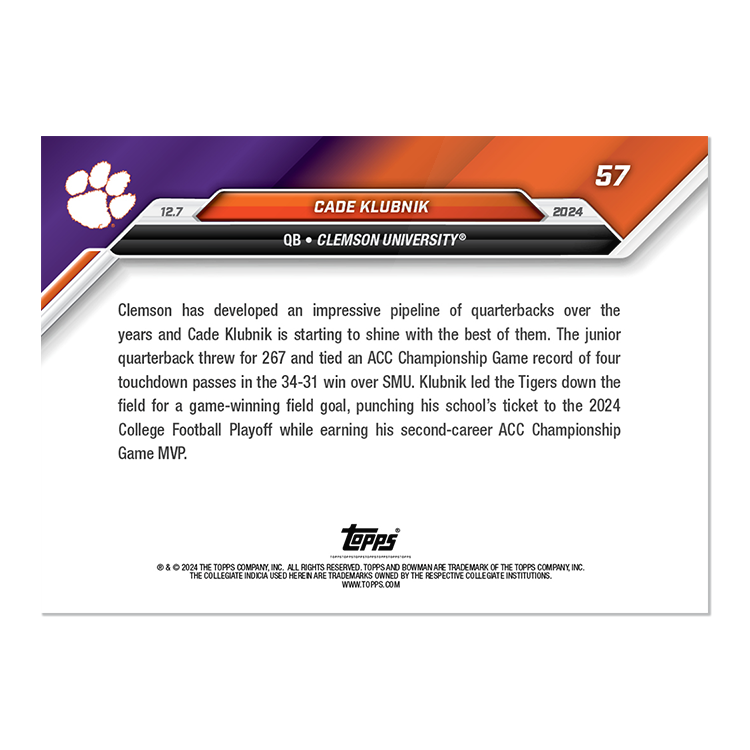 Alternative view of Cade Klubnik - 2024 Bowman U NOW Football Card 57 - PR: 238