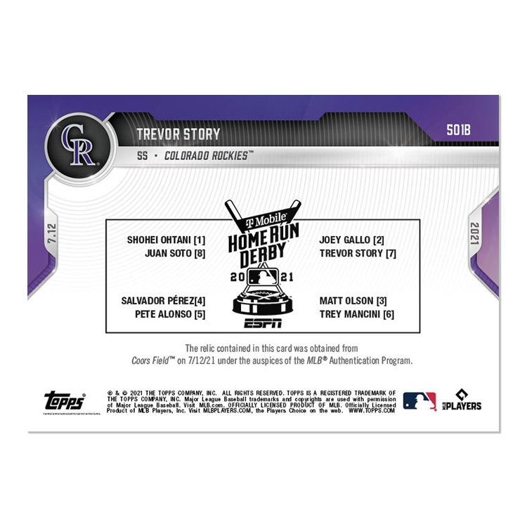 Home Run Derby Ball Relic # to 5 - Trevor Story - 2021 MLB TOPPS NOW Card 501B - Image 2