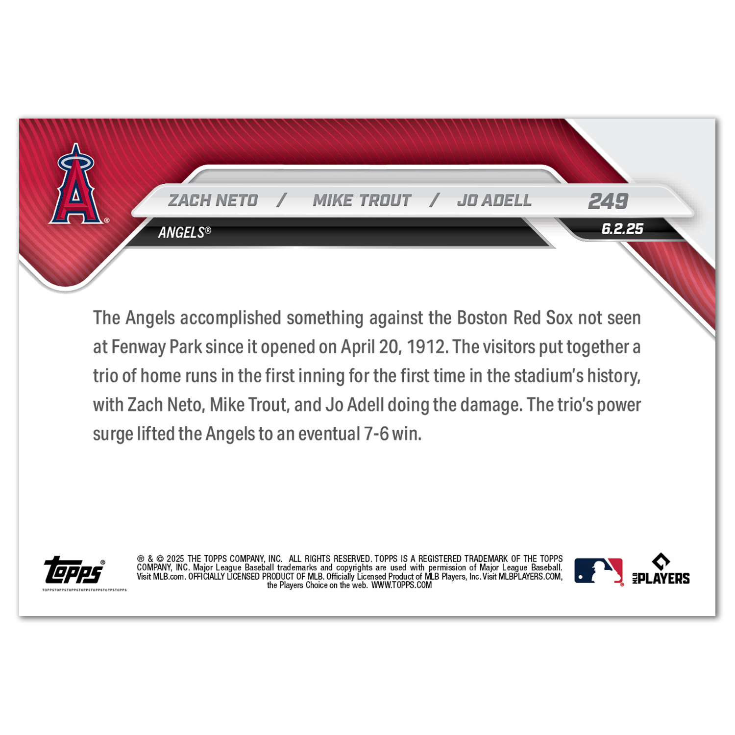 Alternative view of Zach Neto / Mike Trout / Jo Adell - 2025 MLB Topps NOW - Card 249 - PR: 1392