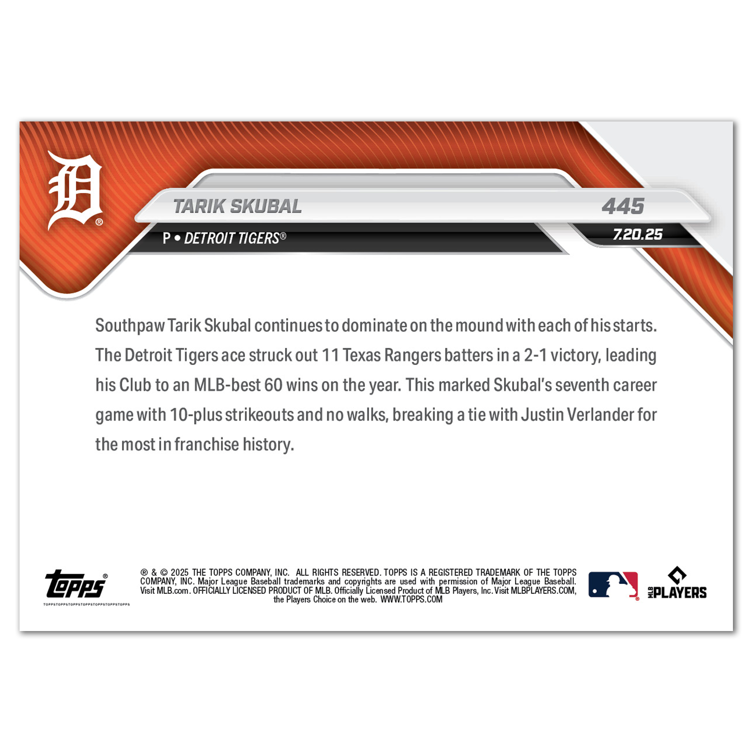 Tarik Skubal - 2025 MLB Topps NOW - Card 445 - PR: 1223 - Image 2