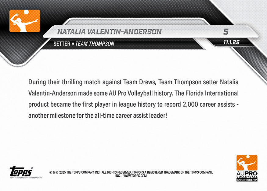 Natalia Valentin-Anderson - 2025 AU Pro Volleyball Topps NOW - Card 5 - PR: 233 - Image 2