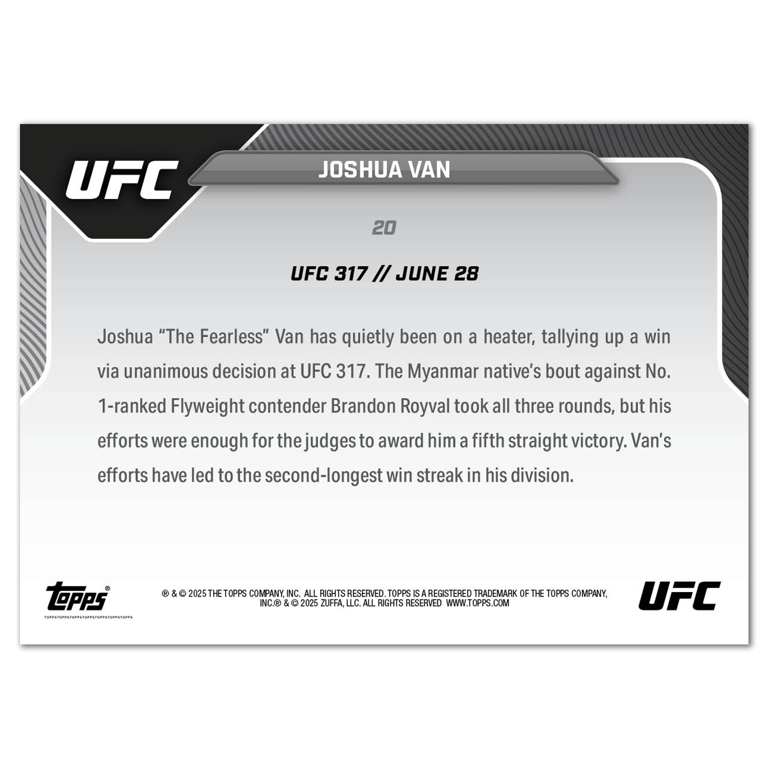 Joshua Van - 2025 UFC Topps NOW - Card 20 - PR: 1640 - Image 4