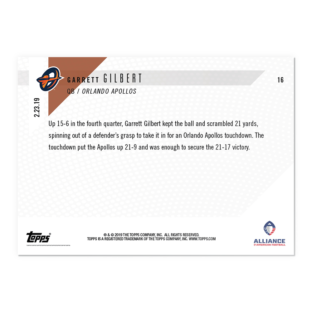 Garrett Gilbert - AAF TOPPS NOW Card 16 - Print Run: 214 - Image 2