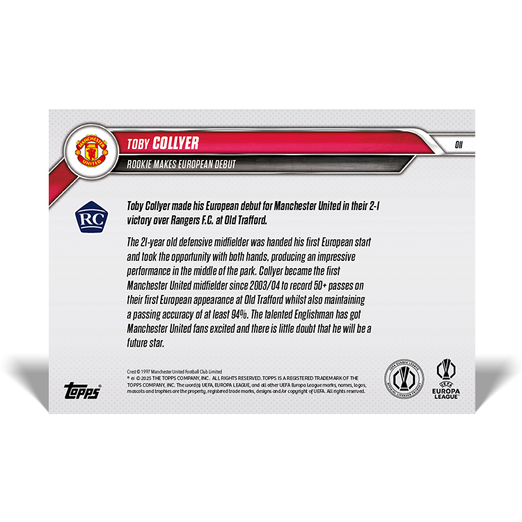Toby Collyer - Rookie makes European debut - 24/25 UEL Topps NOW Card 11 - PR: 614 - Image 5