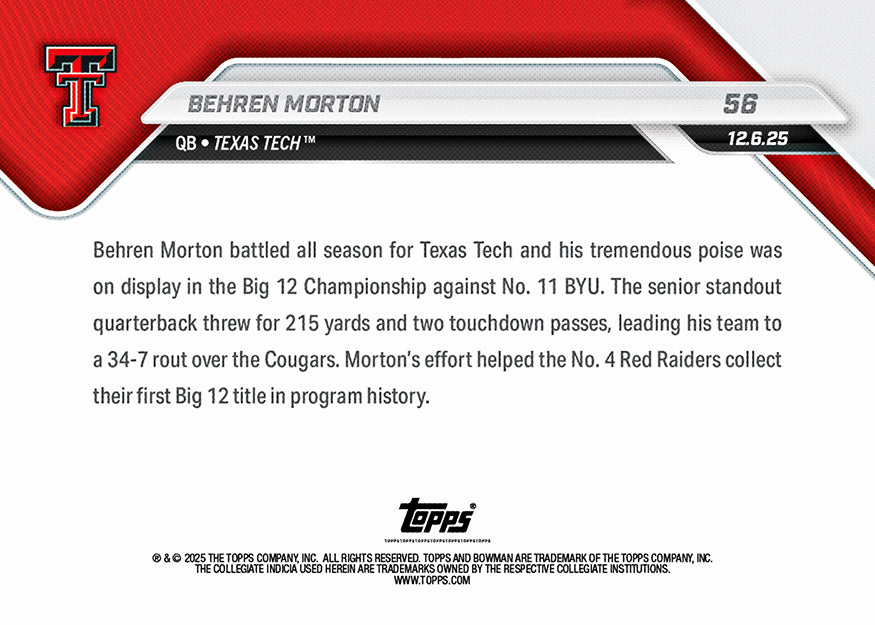 Behren Morton - 2025-26 Bowman U NOW Football - Card 56 - PR: 749 - Image 3