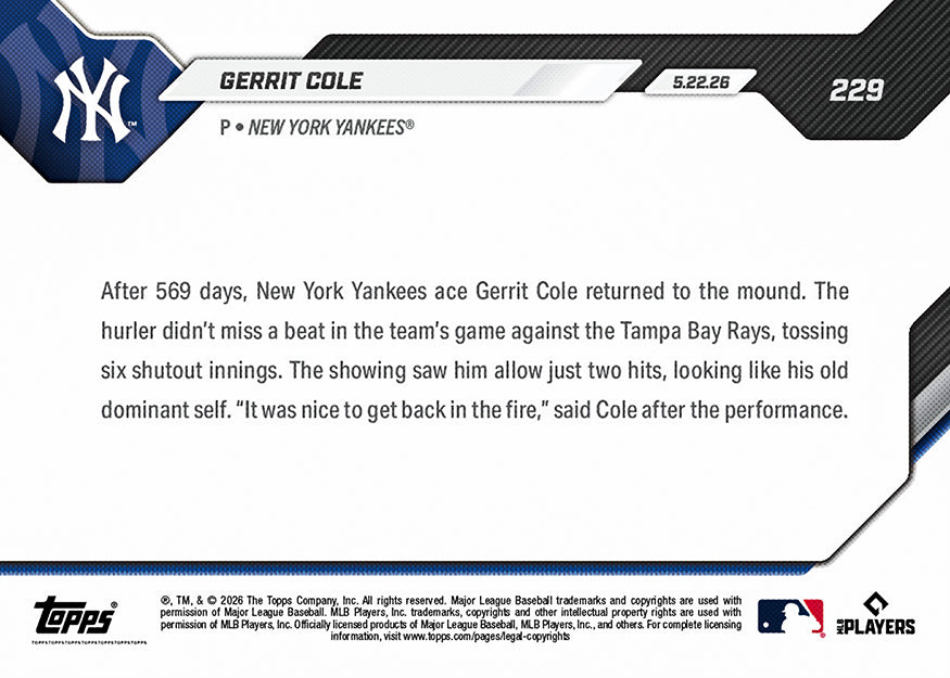 Gerrit Cole - 2026 MLB Topps NOW - Card 229 - PR: 587 - Image 2