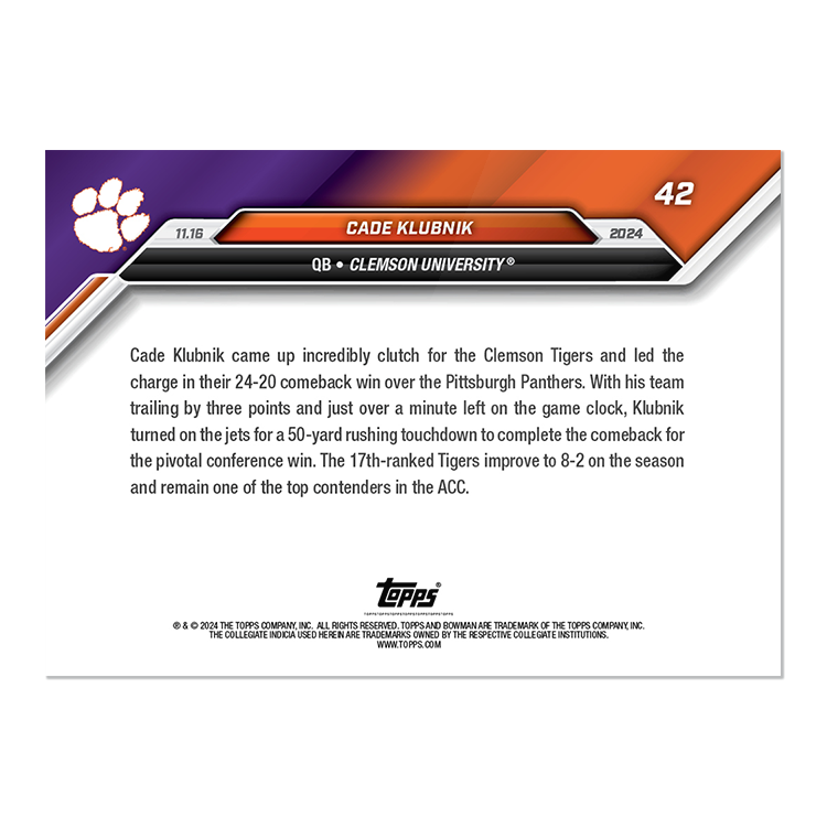 Alternative view of Cade Klubnik - 2024 Bowman U NOW Football Card 42 - PR: 278