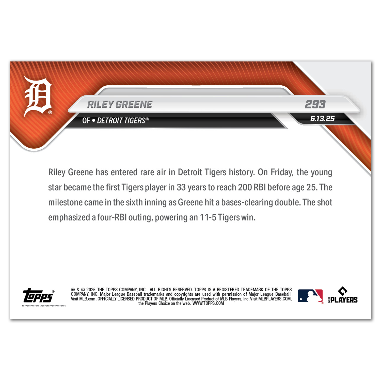 Riley Greene - 2025 MLB Topps NOW - Card 293 - PR: 725 - Image 2