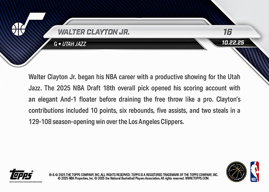 Alternative view of Walter Clayton Jr. - 2025-26 NBA Topps NOW - Card 16 - PR: 764