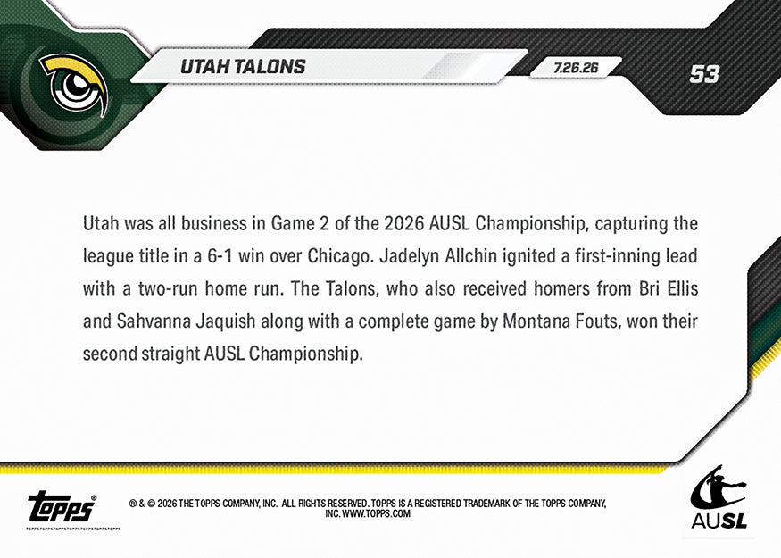Utah Talons - 2026 AUSL Topps NOW - Card 53 - PR: 947 - Image 3