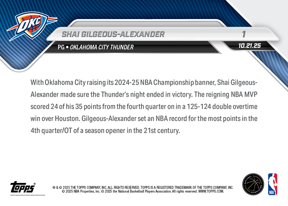 Shai Gilgeous-Alexander - 2025-26 NBA Topps NOW - Card 1 - PR: 7695 - Image 3