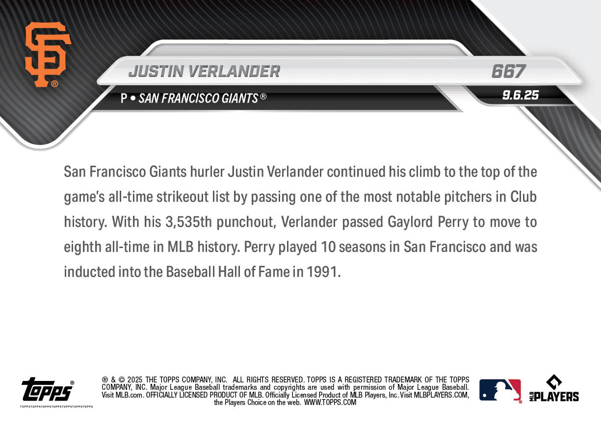 Justin Verlander - 2025 MLB Topps NOW - Card 667 - PR: 638 - Image 2