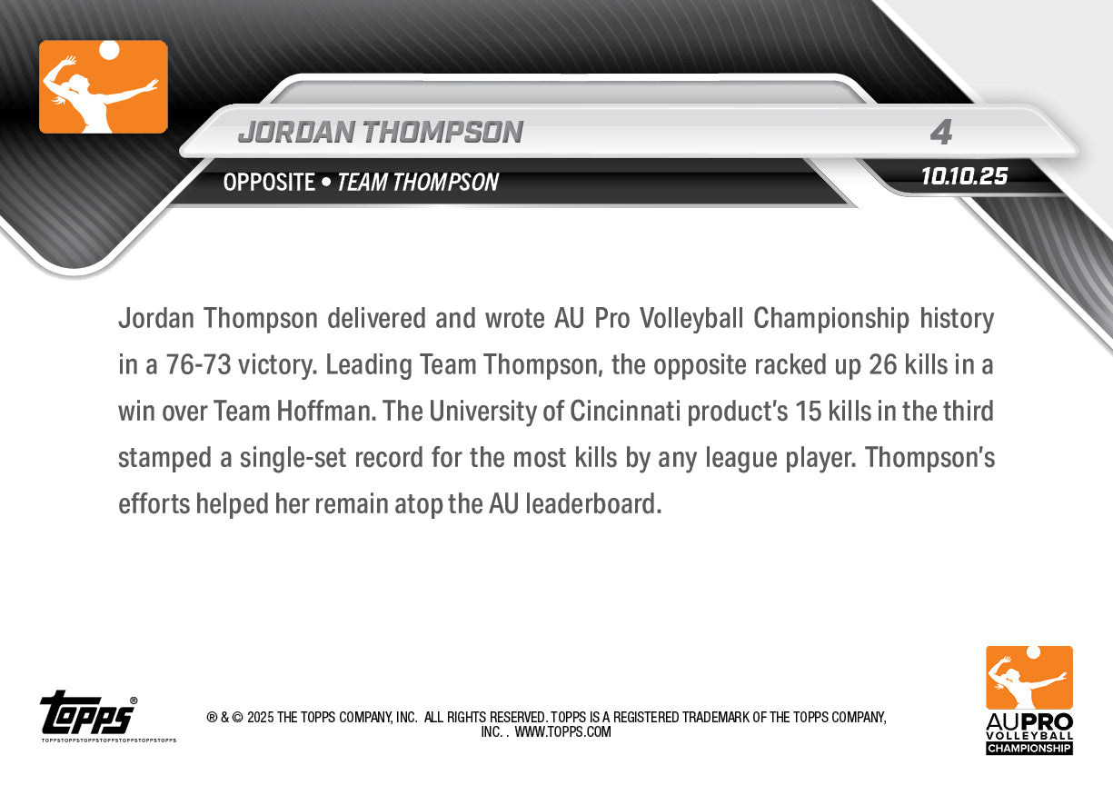 Jordan Thompson - 2025 AU Pro Volleyball Topps NOW - Card 4 - PR: 197 - Image 3
