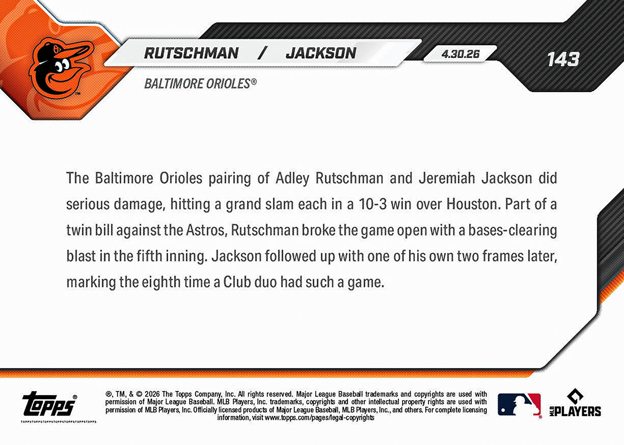Adley Rutschman / Jeremiah Jackson - 2026 MLB Topps NOW - Card 143 - PR: 648 - Image 2