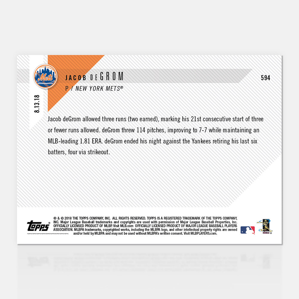 Jacob deGrom - 08/13/2018 TOPPS NOW Card 594 - Print Run: 683 - Image 2
