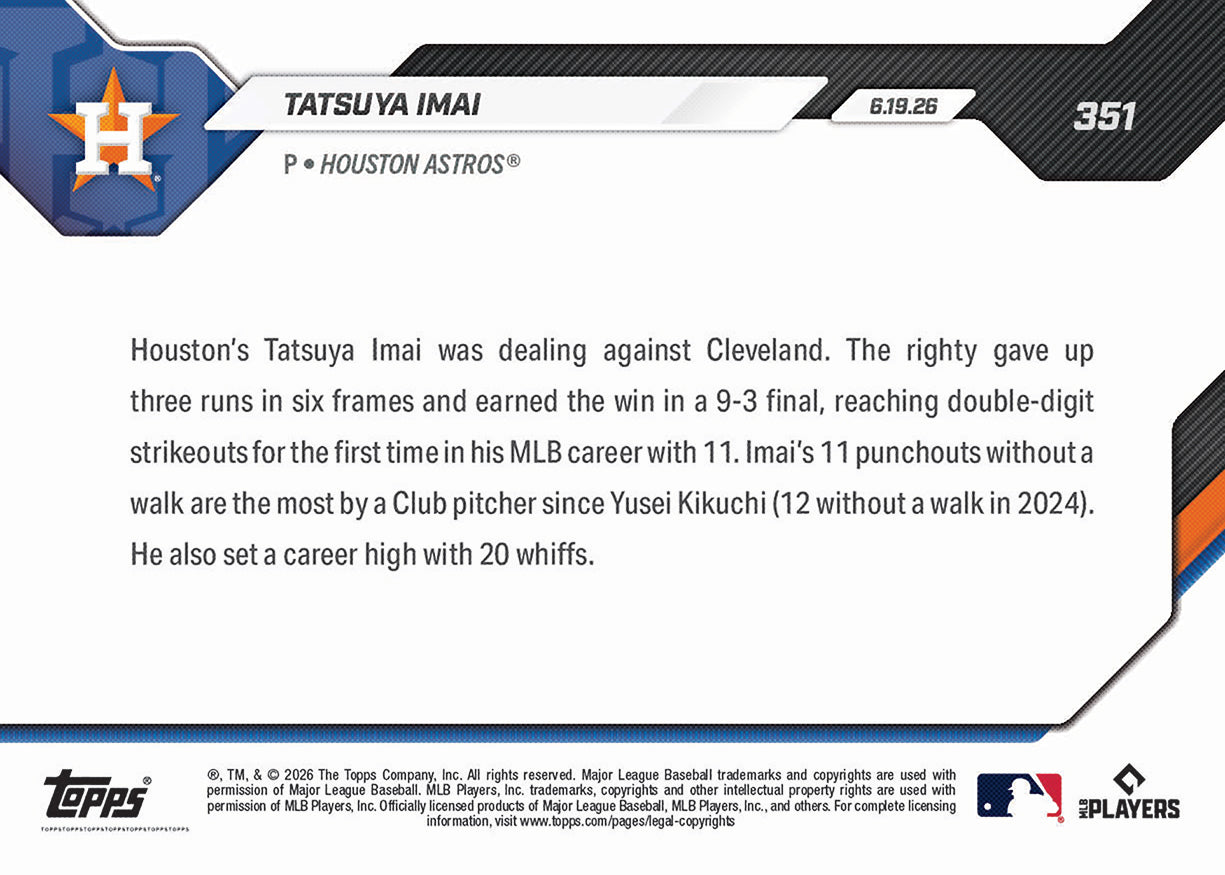 Tatsuya Imai - 2026 MLB Topps NOW - Card 351 - PR: 879 - Image 2