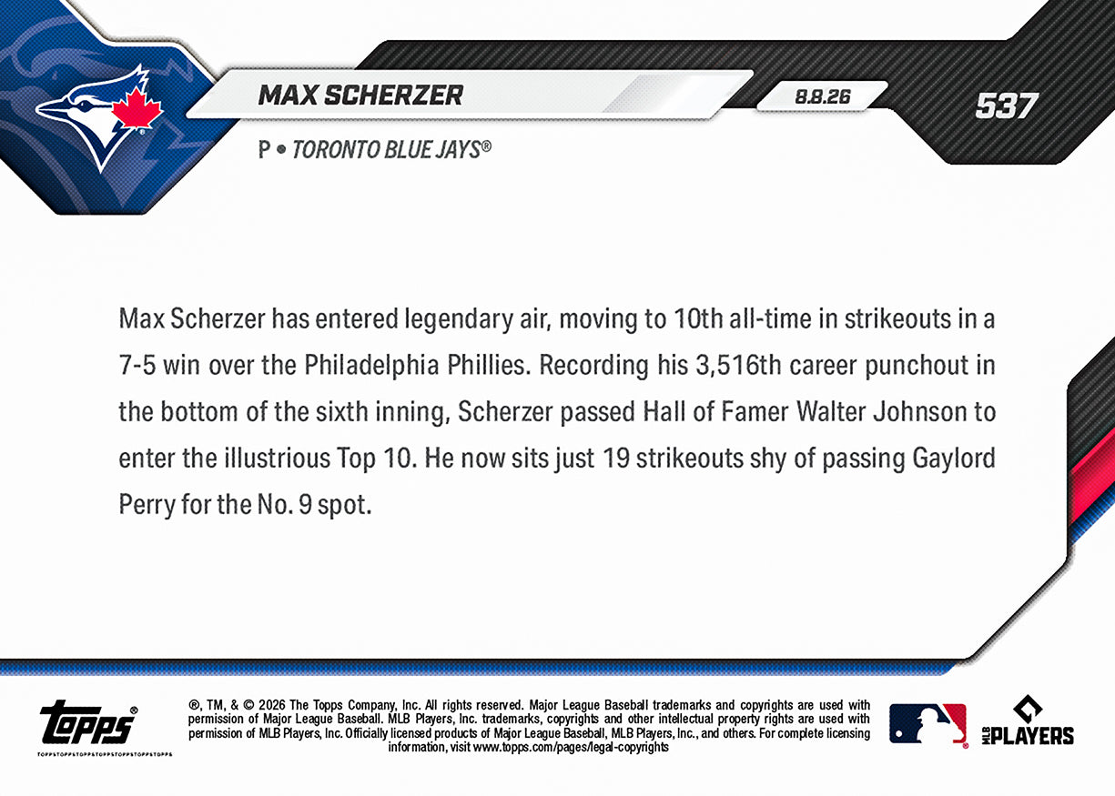 Max Scherzer - 2026 MLB Topps NOW - Card 537 - PR: 1315 - Image 2