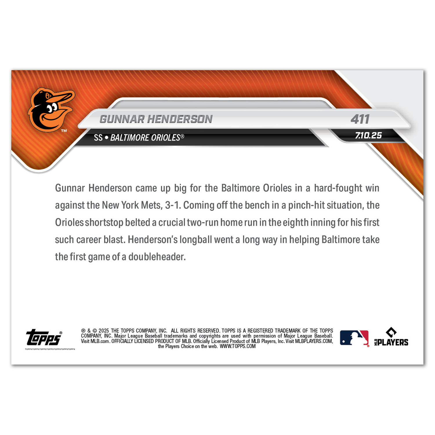 Gunnar Henderson - 2025 MLB Topps NOW - Card 411 - PR: 613 - Image 2