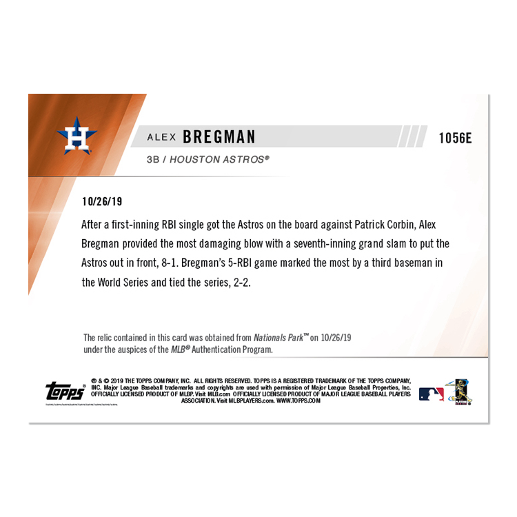 Game-used Base Relic # to 5 - Alex Bregman - MLB TOPPS NOW Card 1056E - Image 2