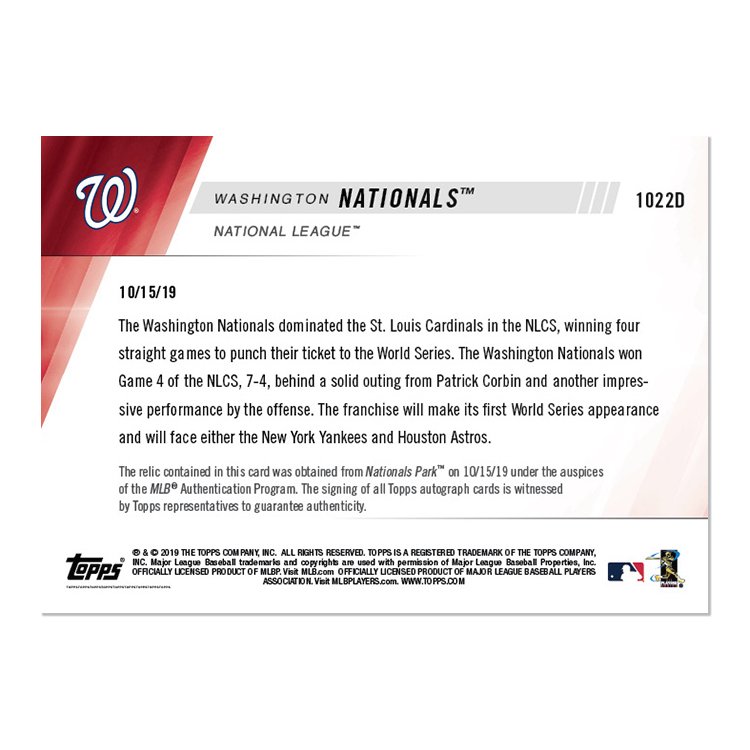 Alternative view of Game-used Base Relic # to 1 - Washington Nationals - MLB TOPPS NOW Card 1022D