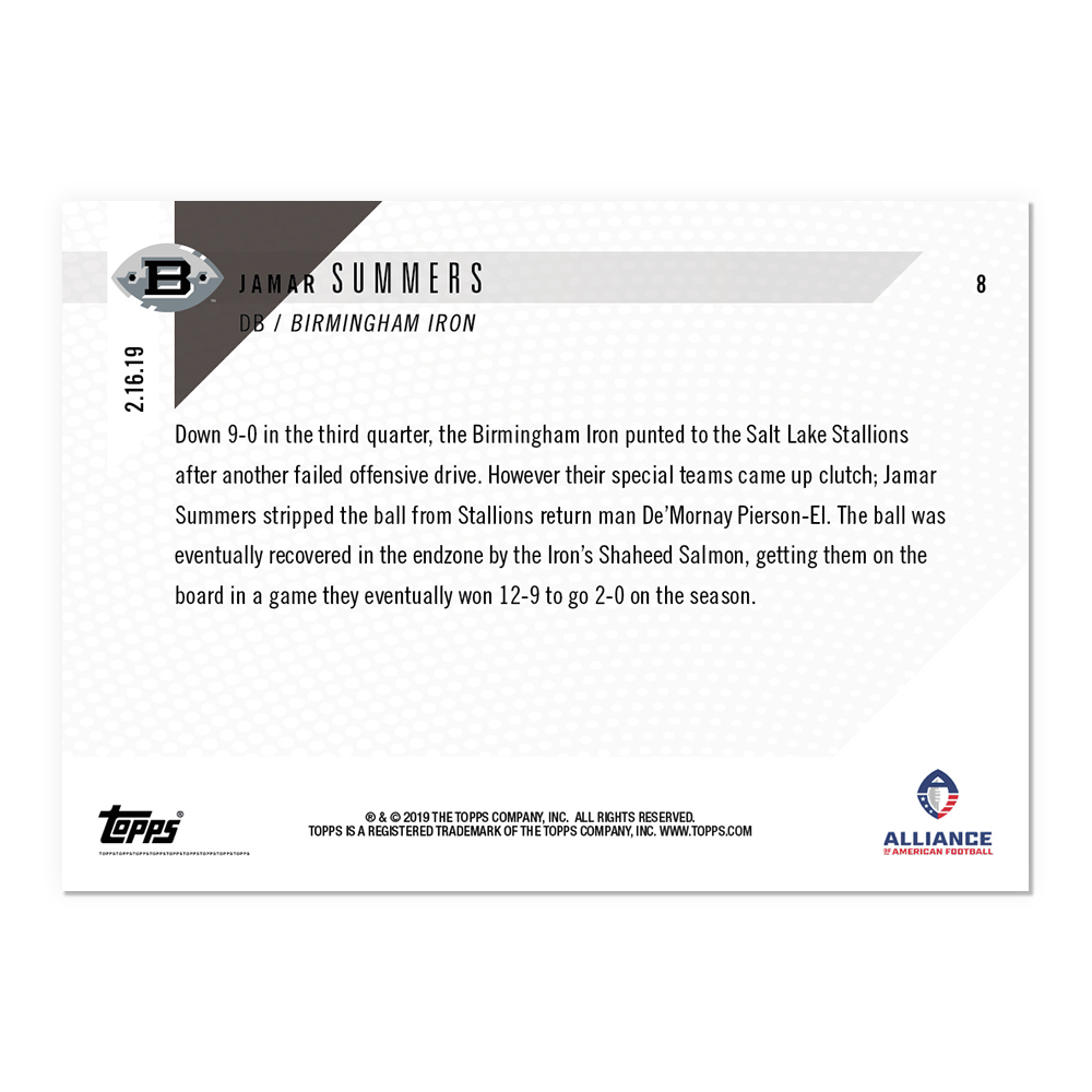 Alternative view of Jamar Summers - AAF TOPPS NOW Card 8 - Print Run: 279