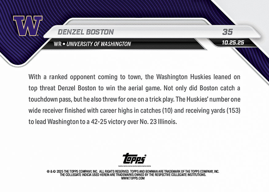 Alternative view of Denzel Boston - 2025-26 Bowman U NOW Football - Card 35 - PR: 262