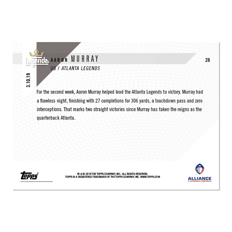 Alternative view of Aaron Murray - AAF TOPPS NOW Card 28 - Print Run: 229